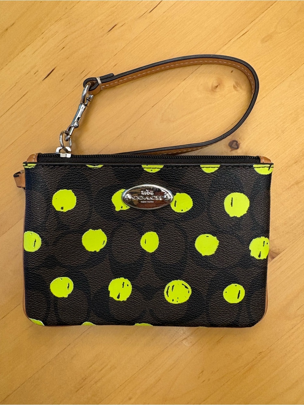 Coach Neon Yellow Dot Wristlet Brown Signature Coated Canvas Y2K